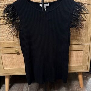 Sioni Black Ribbed Shell with Feather-Trim Sleeves